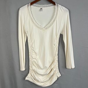 LAST TANGO Ivory Long Sleeve Womens Shirt Rouched Side Lave Trim Neck S/M Y2K